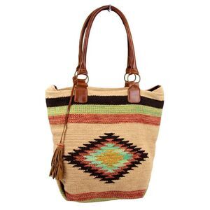 CROSSTREE LANE MULTICOLOR COTTON BROWN LEATHER HANDLES ZIP SHOULDER BAG HANDBAG